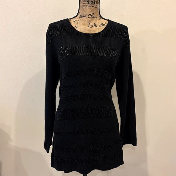 Jaeger Vintage Black Wool Beaded Stripe Sweater  Size Large - Picture 1 of 7